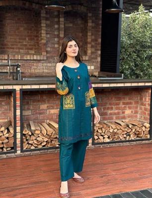 2 Pcs Women's Stitched Cotton Embroidered Shirt And Trouser thumbnail 2