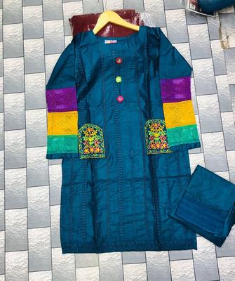 2 Pcs Women's Stitched Cotton Embroidered Shirt And Trouser thumbnail 3