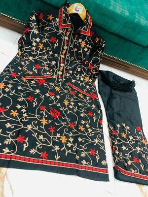 2 Pcs Women's Stitched Katan Silk Embroidered Shirt And Trouser thumbnail 3