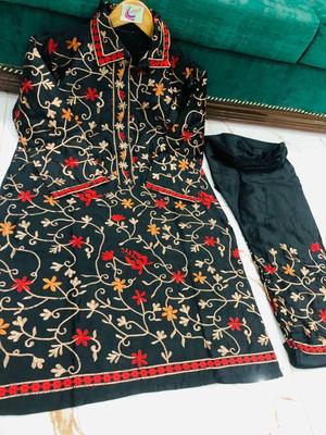 2 Pcs Women's Stitched Katan Silk Embroidered Shirt And Trouser thumbnail 4