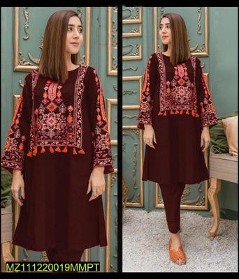 2 Pcs Women's Stitched Linen Embroidered Shirt And Trouser thumbnail 3
