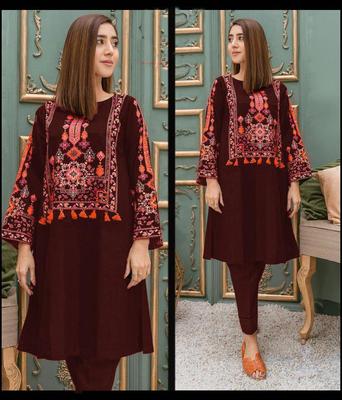 2 Pcs Women's Stitched Linen Embroidered Shirt And Trouser