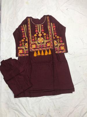 2 Pcs Women's Stitched Linen Embroidered Shirt And Trouser thumbnail 2