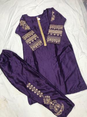 2 Pcs Women's Stitched Katan Silk Embroidered Shirt And Trouser thumbnail 2