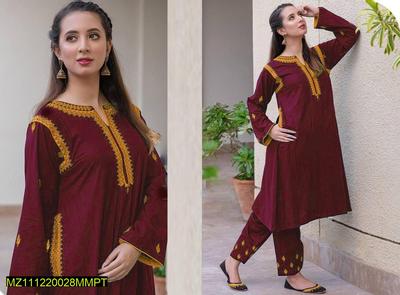 2 Pcs Women's Stitched Linen Embroidered Shirt And Trouser thumbnail 3