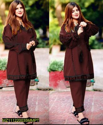 2 Pcs Women's Stitched Linen Embroidered Shirt And Trouser thumbnail 3