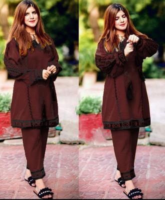 2 Pcs Women's Stitched Linen Embroidered Shirt And Trouser