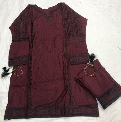 2 Pcs Women's Stitched Linen Embroidered Shirt And Trouser thumbnail 2