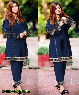2 Pcs Women's Stitched Linen Embroidered Shirt And Trouser thumbnail 3