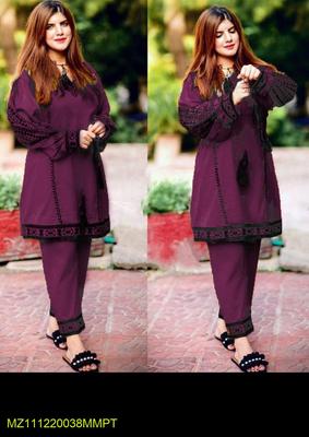 2 Pcs Women's Stitched Linen Embroidered Shirt And Trouser thumbnail 3