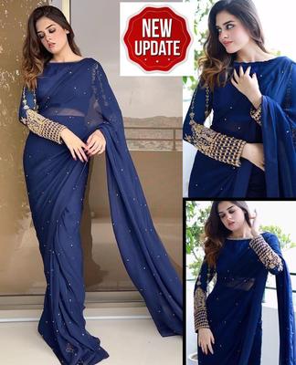 Women’s Crinkle Chiffon Sequins Embroidered Stitched Saree