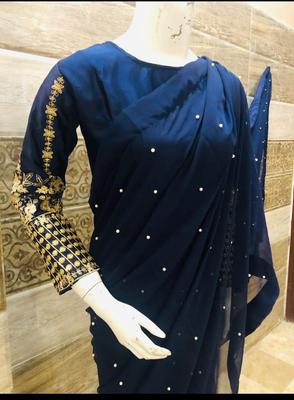 Women’s Crinkle Chiffon Sequins Embroidered Stitched Saree thumbnail 2