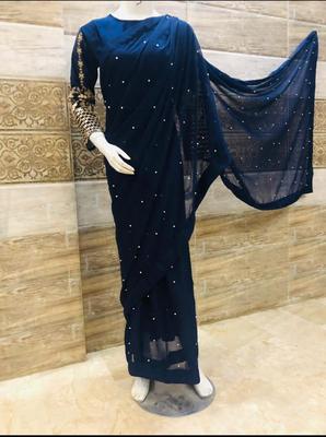 Women’s Crinkle Chiffon Sequins Embroidered Stitched Saree thumbnail 3