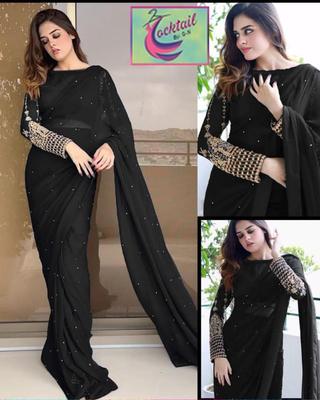 Stunning 3 Pcs Shamoz Silk Sequins Embroidered Stitched Saree Set for Women