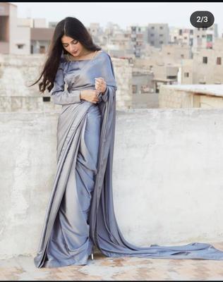 Stunning 3 Pcs Shamoz Silk Stitched Saree Set - Plain Silver Elegance thumbnail 2