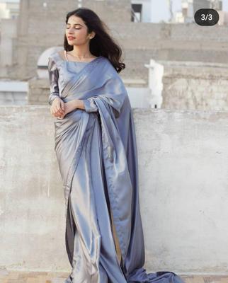 Stunning 3 Pcs Shamoz Silk Stitched Saree Set - Plain Silver Elegance thumbnail 3