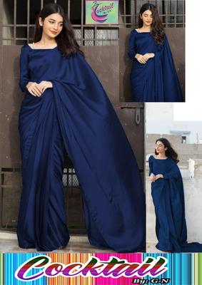 Elegant 3 Pcs Stitched Saree Set in Shalmose Silk - Plain Blue Beauty