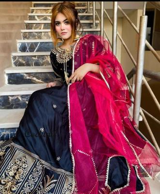 3 Pcs Women's Stitched Embroidered Shamoz Silk Maxi Suit in Black