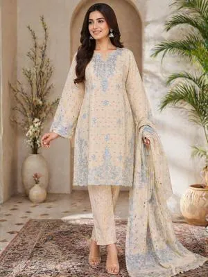 Cotton Lawn Embroidered 3Pcs Multicolor Suit Large