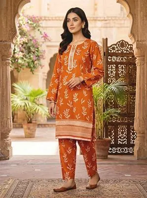 Orange Printed Cotton Lawn 2-Piece Suit for Women Medium