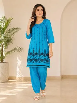 Cotton Lawn Embroidered Shirt & Printed Trouser Set Blue