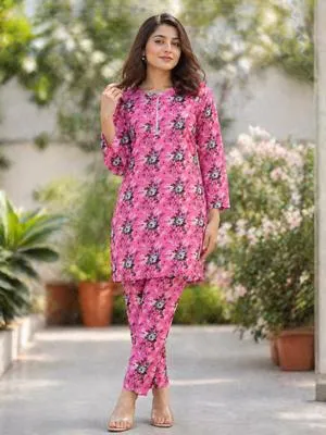 Pink Printed Cotton Lawn 2Pc Kurta Set for Women