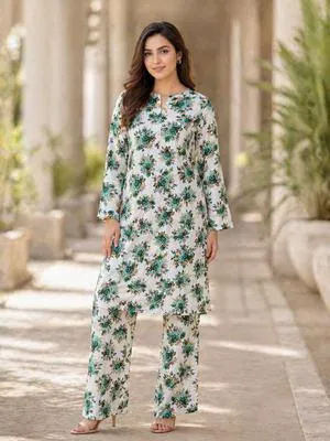 Pakistani Floral Printed Kurta Pajama Set Green White
