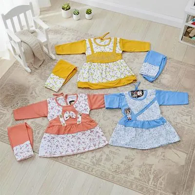 Eid Collection Girl's 3 Dress Printed Shirt And Trouser 3 Set