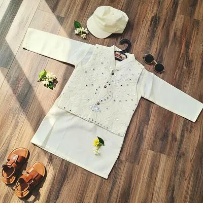 Eid Collection 2 Pcs Boy's Cotton Embroidered Kurta And Shalwar Suit