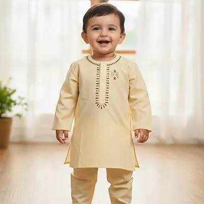 Eid Collection 2 Pcs Boy's Cotton Embroidered Kurta And Shalwar Suit