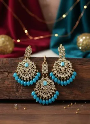 Turkish Design Gold Plated Crystal Earrings Bindia Set