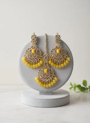 Turkish Design Gold Plated Crystal Earrings Bindia Set