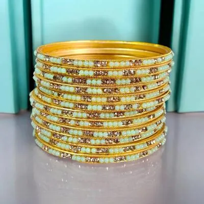 12 Pcs Metal Funky Gold Plated Crystal Kara Bangle