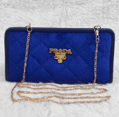 Hand And Shoulder Wallet For Girls With Long Golden Chain - Blue