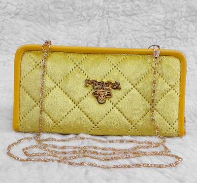 Hand And Shoulder Wallet For Girls With Long Golden Chain - Yellow