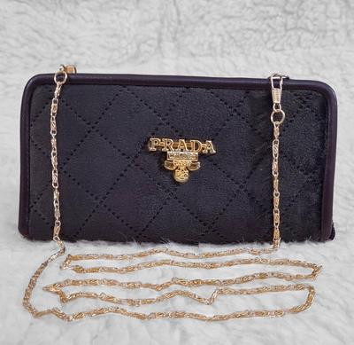 Hand And Shoulder Wallet For Girls With Long Golden Chain - Black