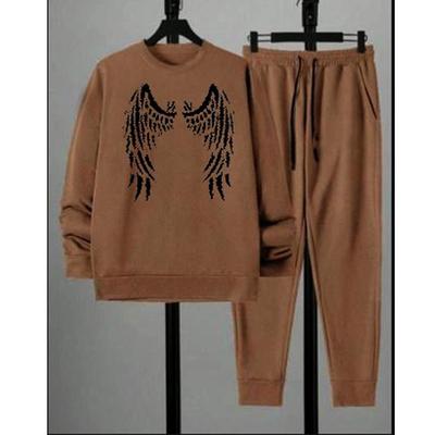 Men's Fleece Printed Sweatshirt Track Suit, 2 Pcs in Brown