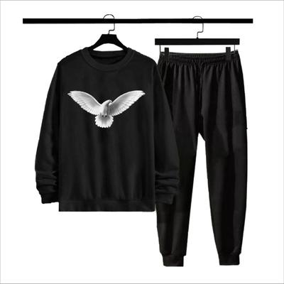 Men's Fleece Sweatshirt Track Suit - 2 Pcs Set in Black with Printed Design