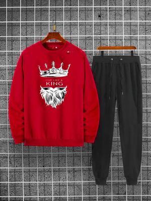 Men's Printed Fleece Sweatshirt Track Suit - 2 Pcs Set in Red