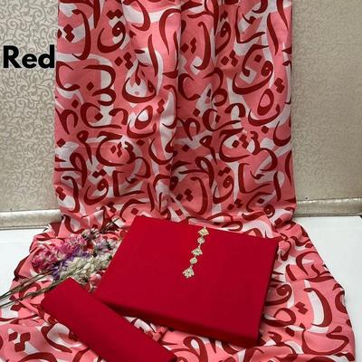 3 Pcs Women's Unstitched Katan Silk Plain Suit