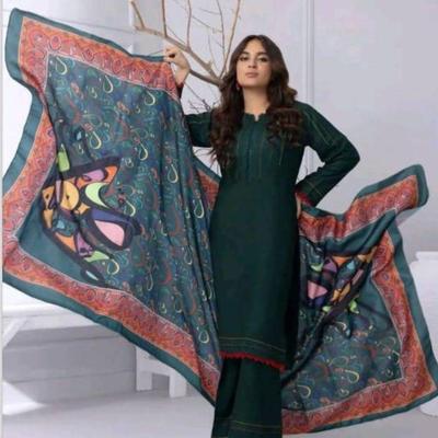 3 Pcs Women's Unstitched Katan Silk Plain Suit