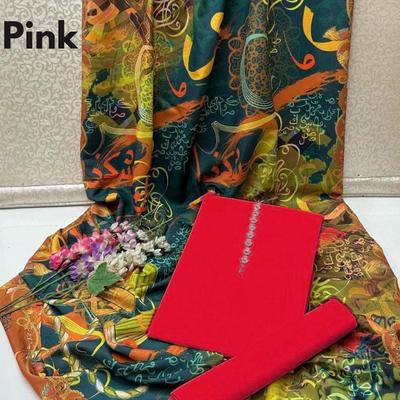 3 Pcs Women's Unstitched Katan Silk Plain Suit