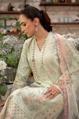 3-Piece Embroidered Lawn Suit Green for Eid Festivals thumbnail 4