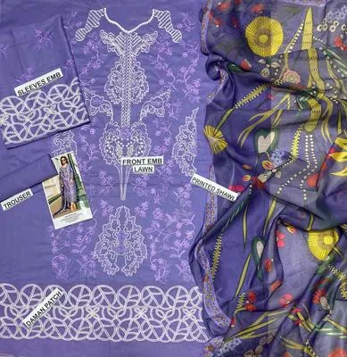 Purple Embroidered 3-Piece Lawn Suit with Digital Print Dupatta thumbnail 2