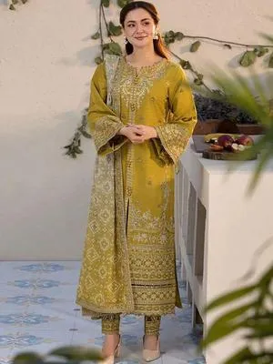 Mustard Embroidered 3-Piece Lawn Suit for Women