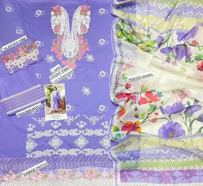 Unstitched Lawn Embroidered Purple Suit with Patchwork Daman thumbnail 2