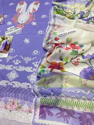 Unstitched Lawn Embroidered Purple Suit with Patchwork Daman thumbnail 3