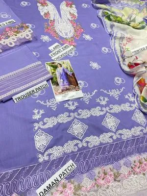 Unstitched Lawn Embroidered Purple Suit with Patchwork Daman thumbnail 4