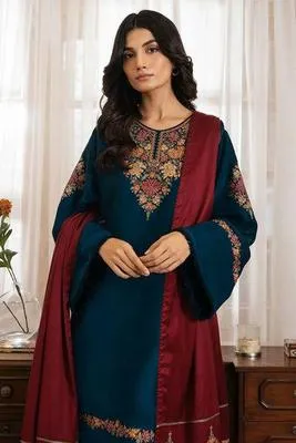 Unstitched 3-Piece Embroidered Lawn Suit Teal Maroon