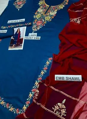 Unstitched 3-Piece Embroidered Lawn Suit Teal Maroon thumbnail 3